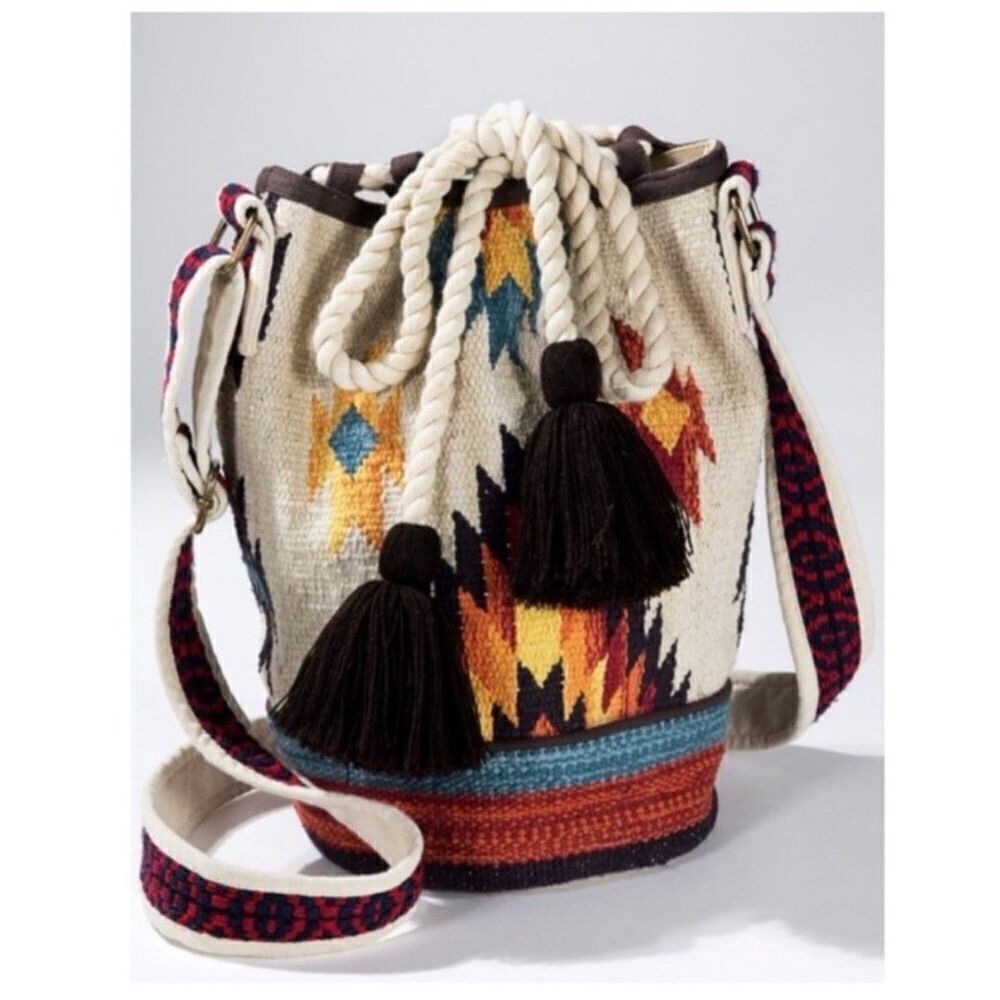 Ruggine Hand Woven Aztec Inspired Boho Bucket Bag With Shoulder Crossbody Strap